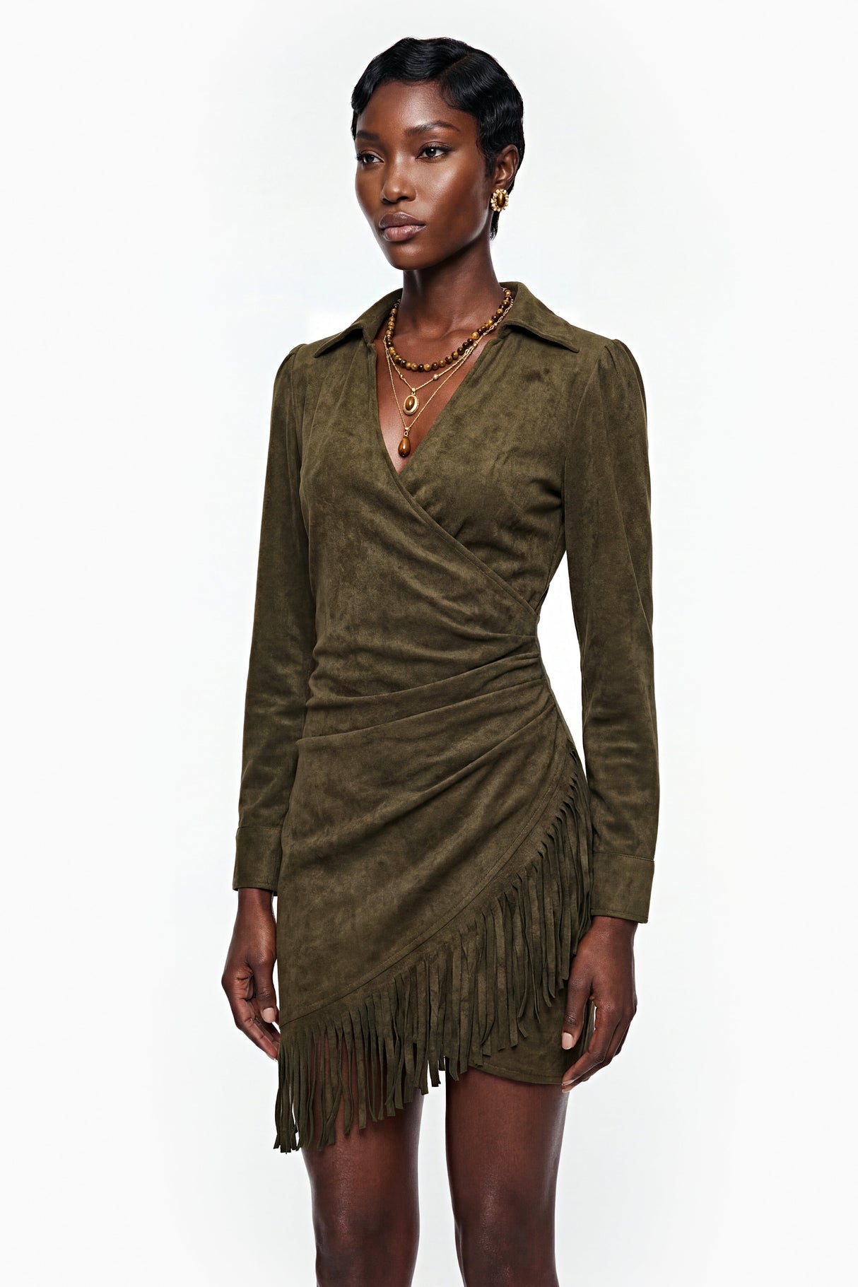 Aurohaya Margarete Green Faux Suede Mini Dress with Fringe