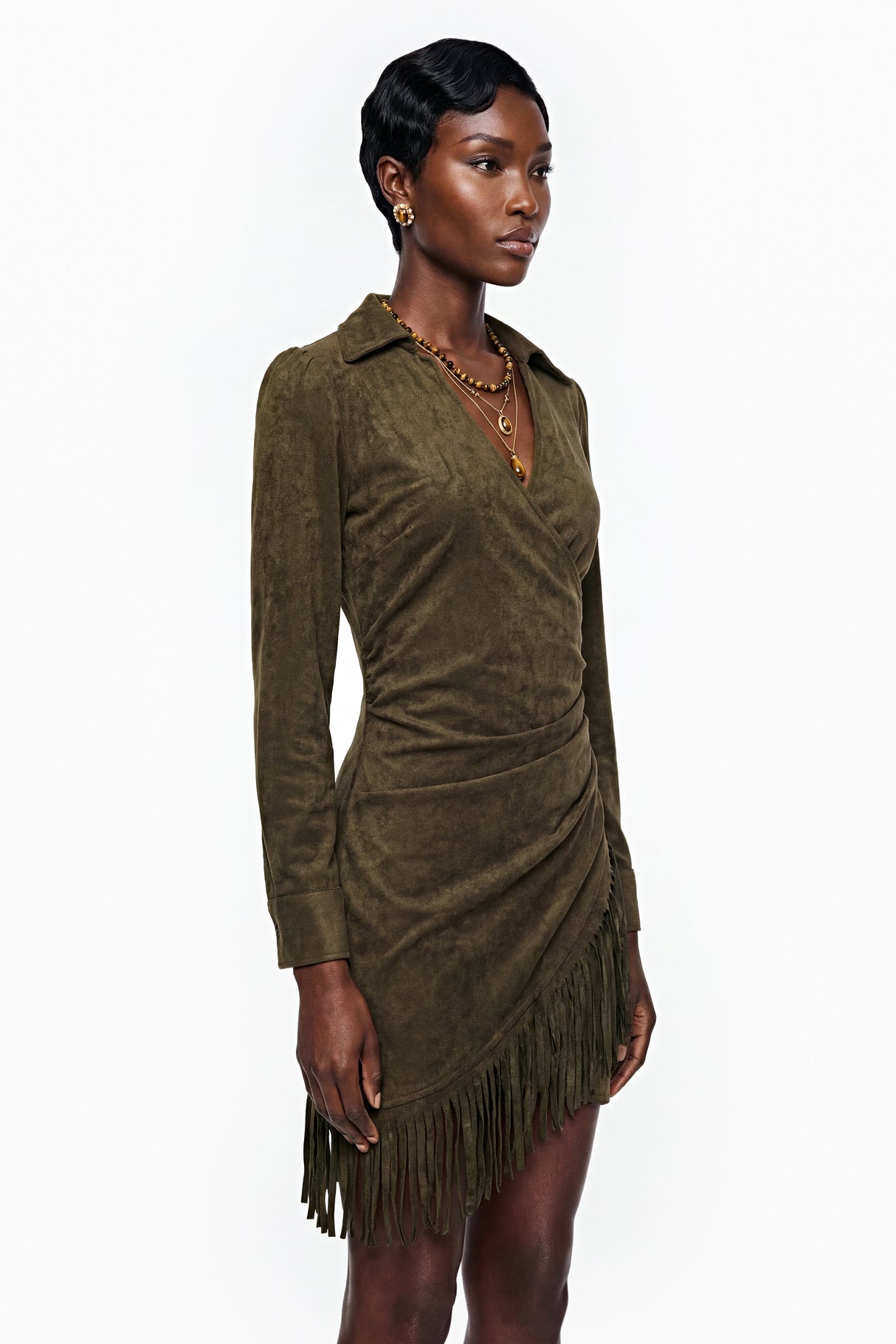 Aurohaya Margarete Green Faux Suede Mini Dress with Fringe