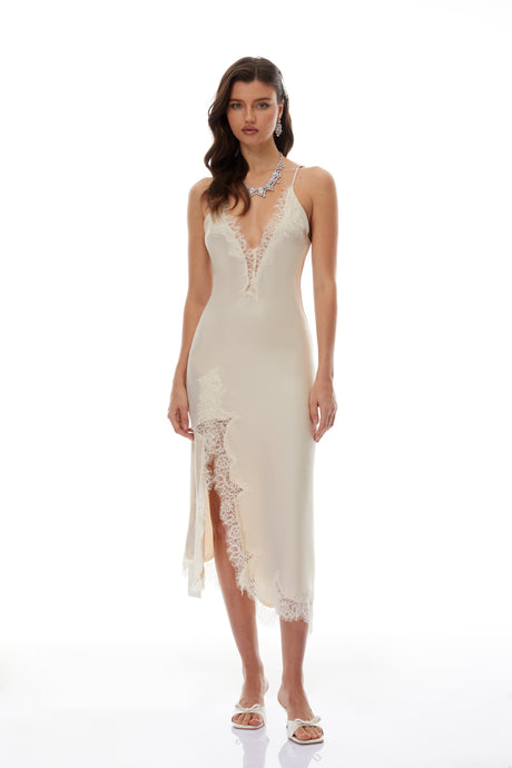 Aurohaya Margherita Champagne Lace Panel Satin Midi Dress
