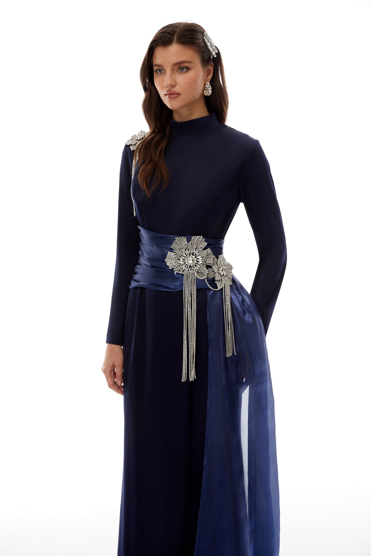 Aurohaya Marguerite Blue Embellished Ribbon Maxi Dress