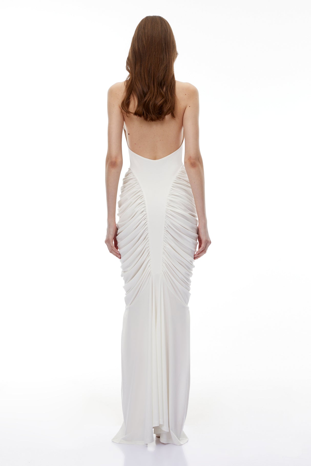 Aurohaya Marhuma White Backless Ruched Maxi Dress