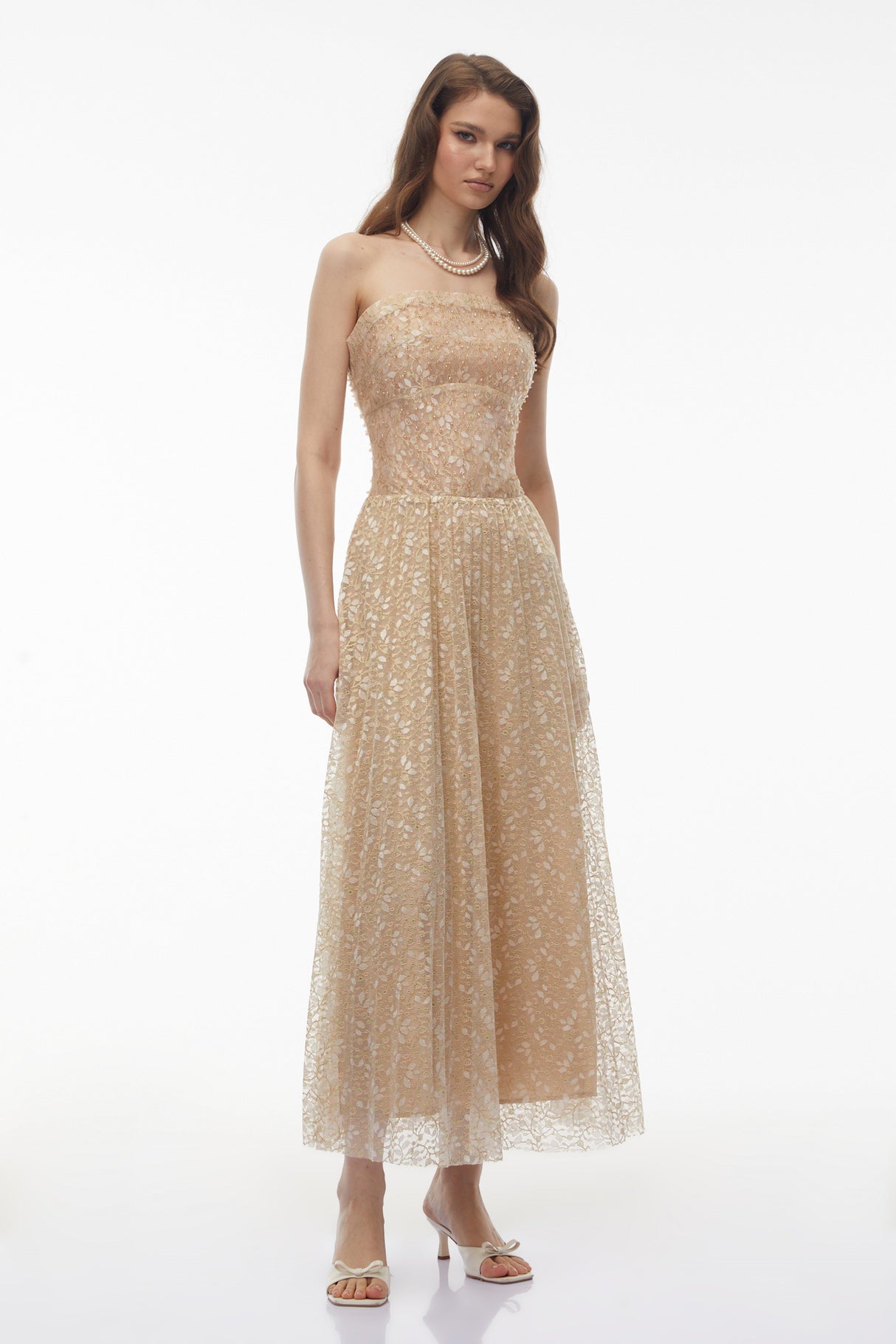 Aurohaya Maria Champagne Sequin Off Shoulder Maxi Dress