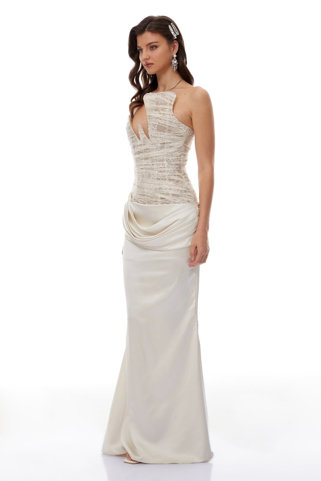 Aurohaya Marietjie Champagne Asymmetrical Maxi Dress with Satin Panels