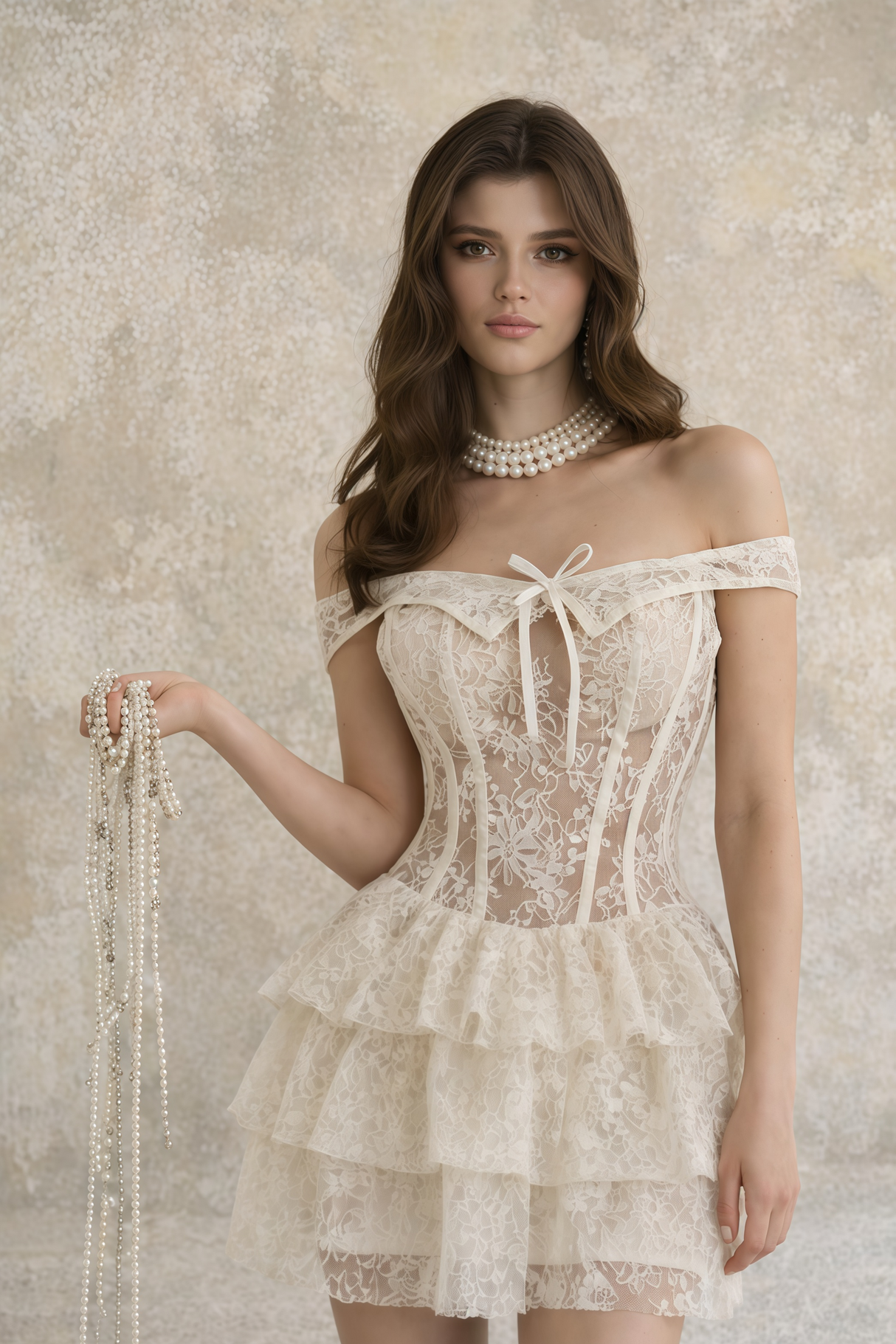Aurohaya Marietjie Neutral Floral Lace Mini Dress
