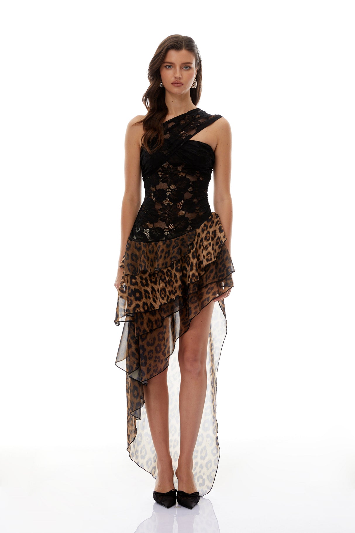 Aurohaya Marion Black Leopard Print Asymmetrical Maxi Dress