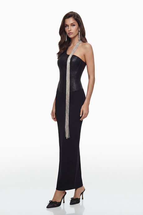 Aurohaya Markel Black Bandage Maxi Dress with Crystal Chains