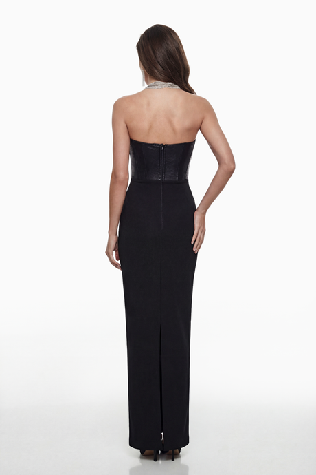 Aurohaya Markel Black Bandage Maxi Dress with Crystal Chains