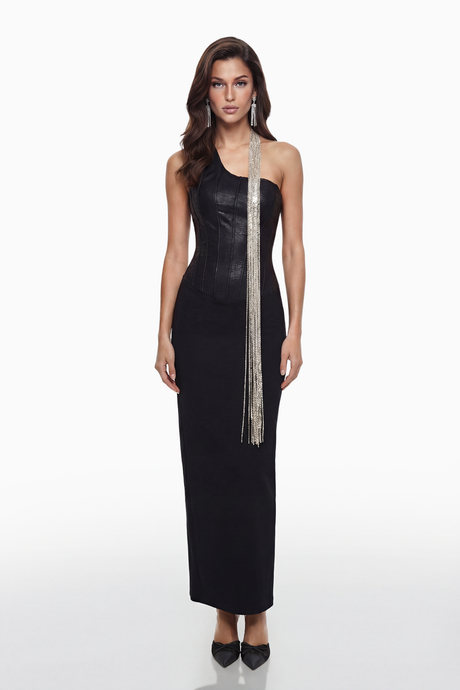 Aurohaya Markel Black Bandage Maxi Dress with Crystal Chains