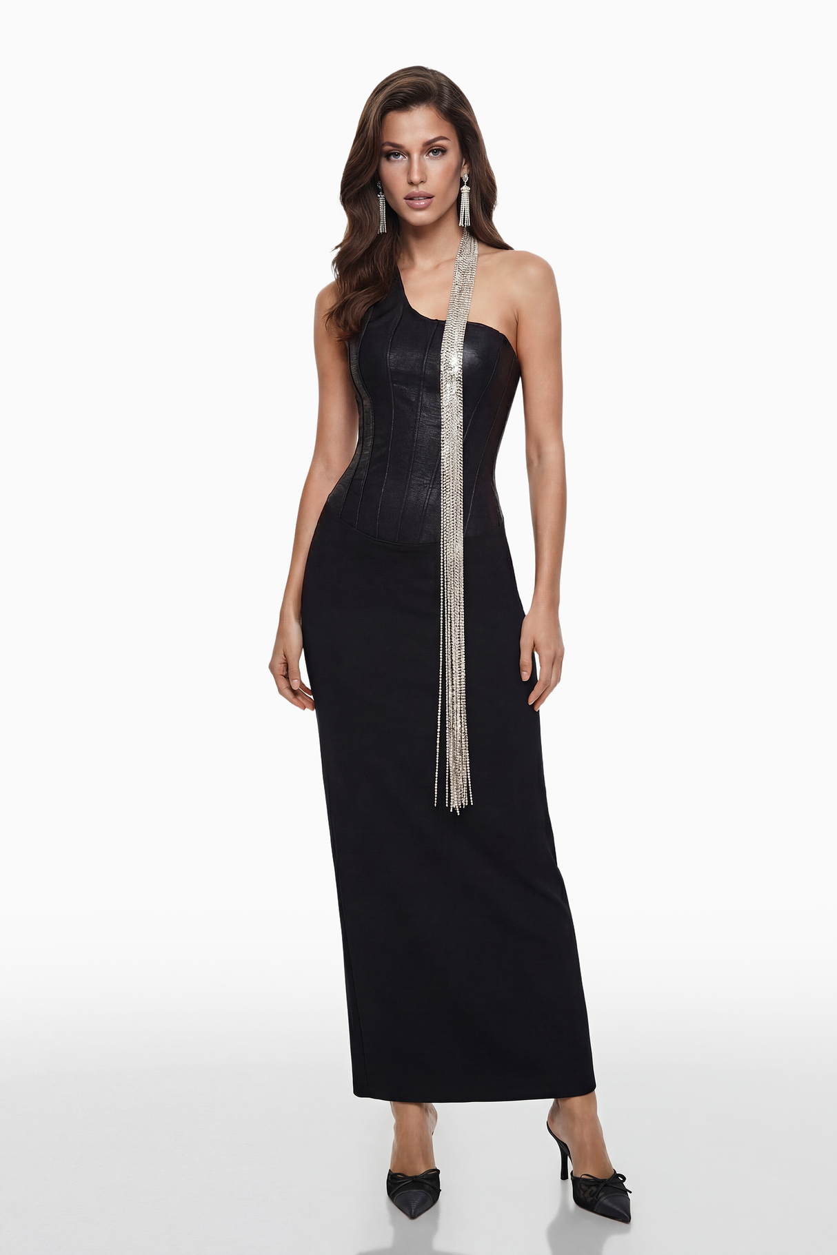 Aurohaya Markel Black Bandage Maxi Dress with Crystal Chains