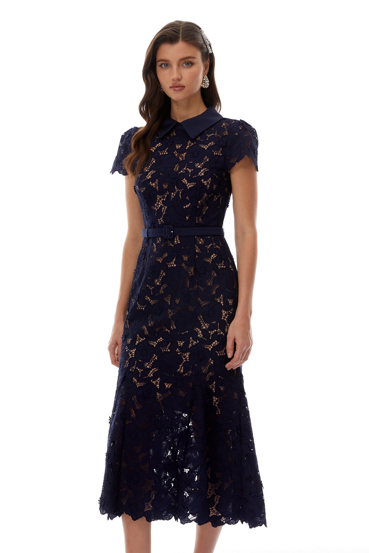 Aurohaya Marlene Navy Blue Floral Lace Midi Dress