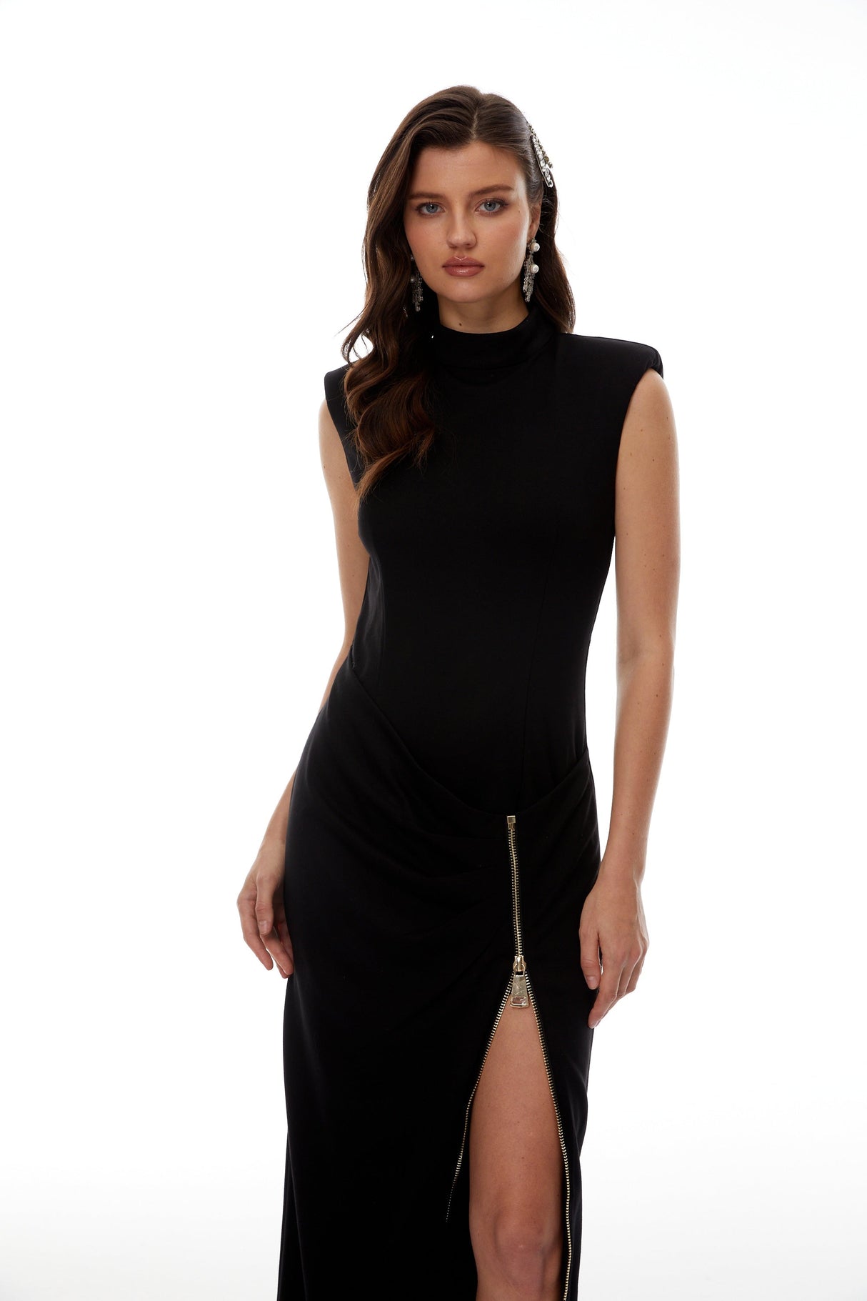 Aurohaya Martina Black Maxi Dress with Zip Up Detail