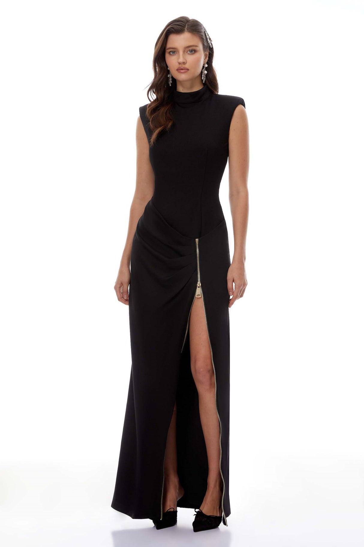 Aurohaya Martina Black Maxi Dress with Zip Up Detail