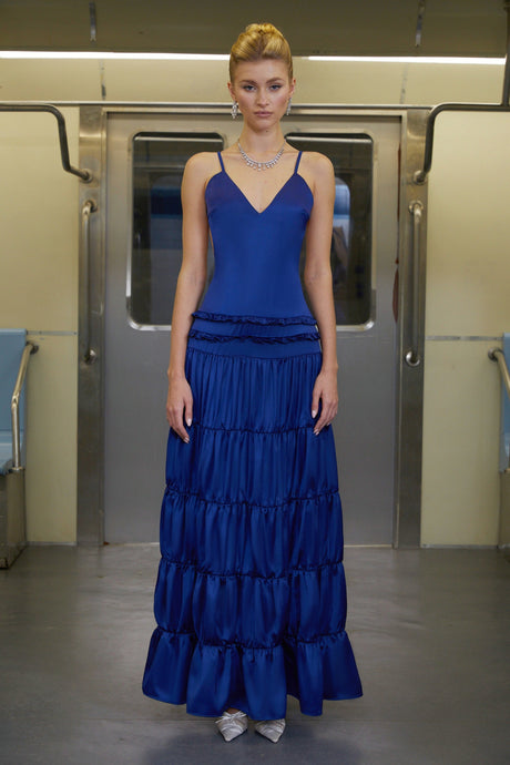 Aurohaya Martina Blue Open Back Tiered Maxi Dress