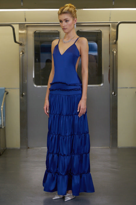 Aurohaya Martina Blue Open Back Tiered Maxi Dress