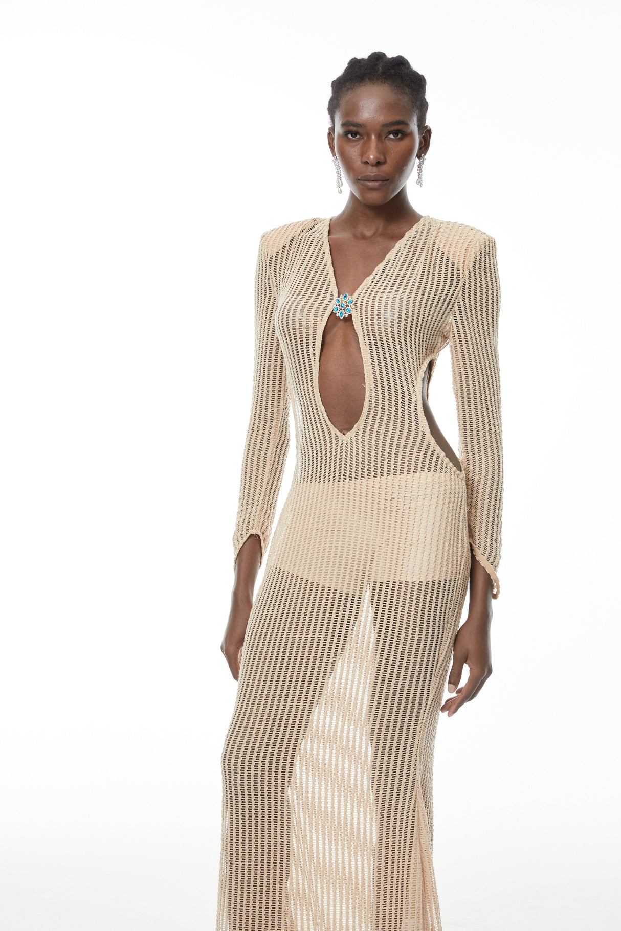 Aurohaya Martina Neutral Crochet Maxi Dress with Cut Out