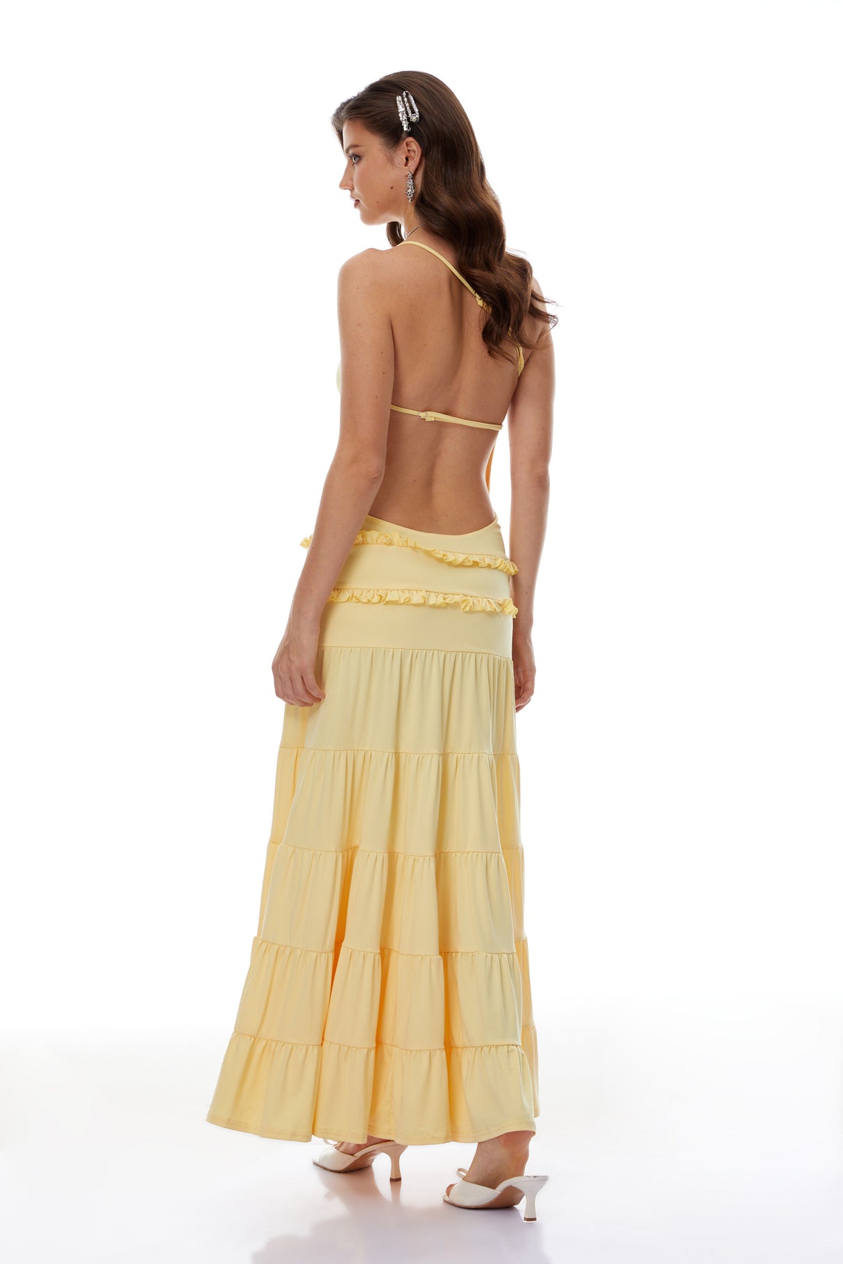 Aurohaya Martina Yellow One Shoulder Tiered Maxi Dress