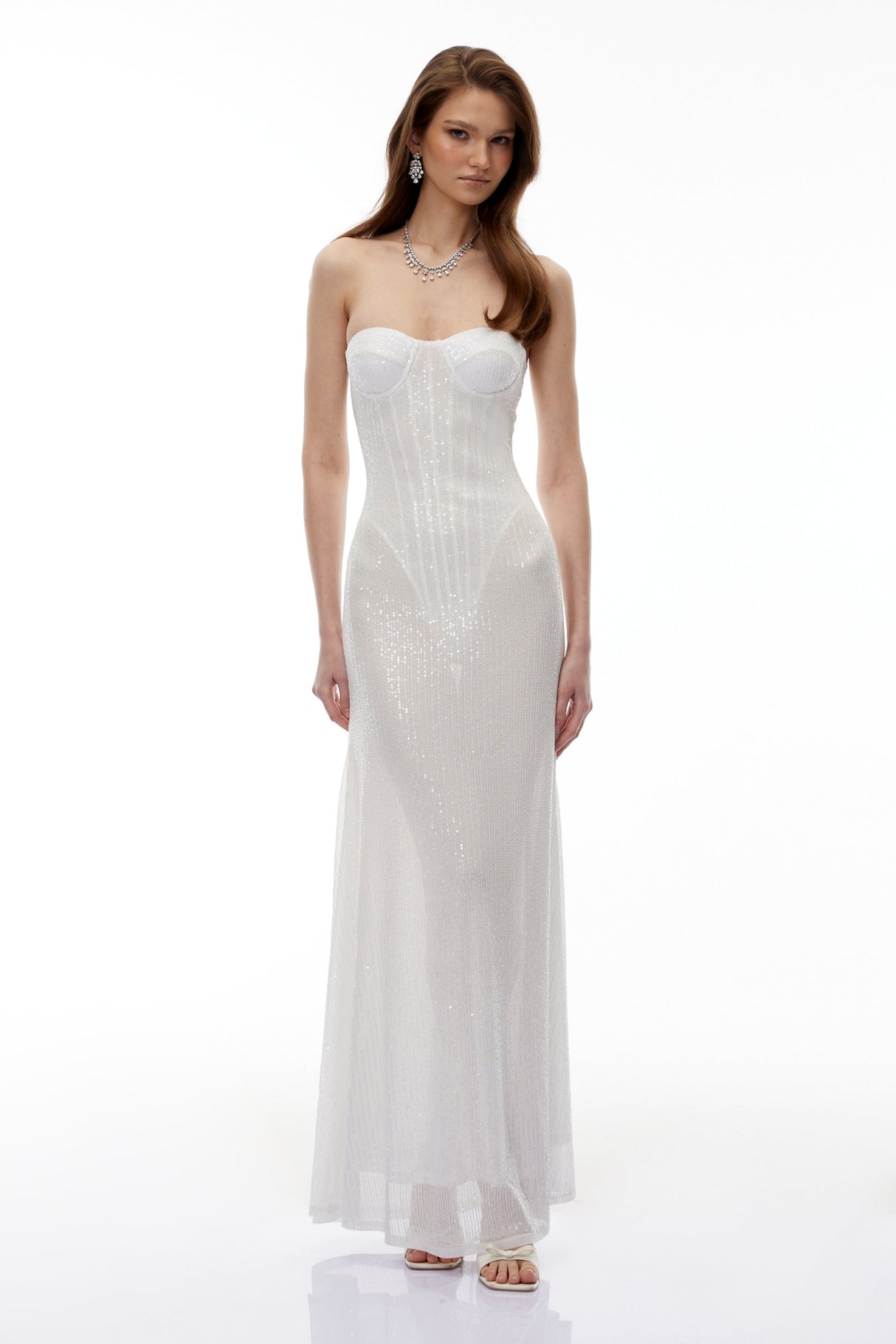 Aurohaya Marwen White Off Shoulder Sequin Maxi Dress