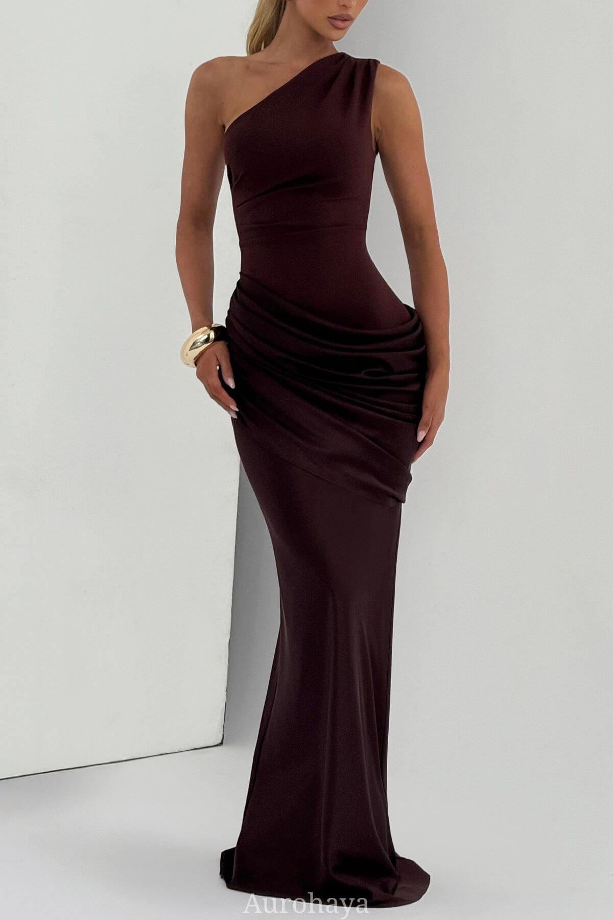 Aurohaya VÉSPER One-Shoulder Draped Satin Maxi Gown