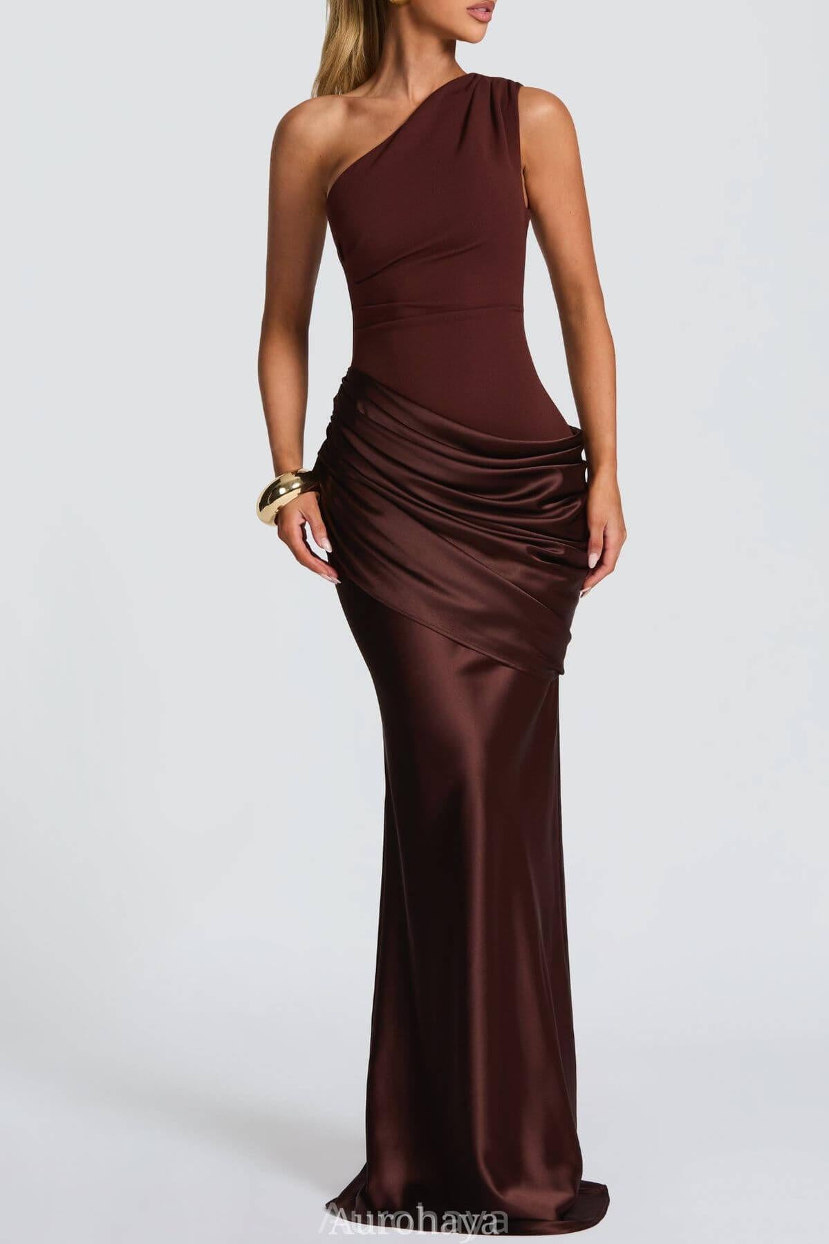 Aurohaya VÉSPER One-Shoulder Draped Satin Maxi Gown Brown