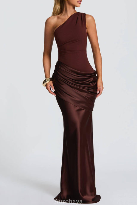 Aurohaya VÉSPER One-Shoulder Draped Satin Maxi Gown Brown