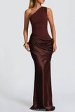 Aurohaya VÉSPER One-Shoulder Draped Satin Maxi Gown Brown