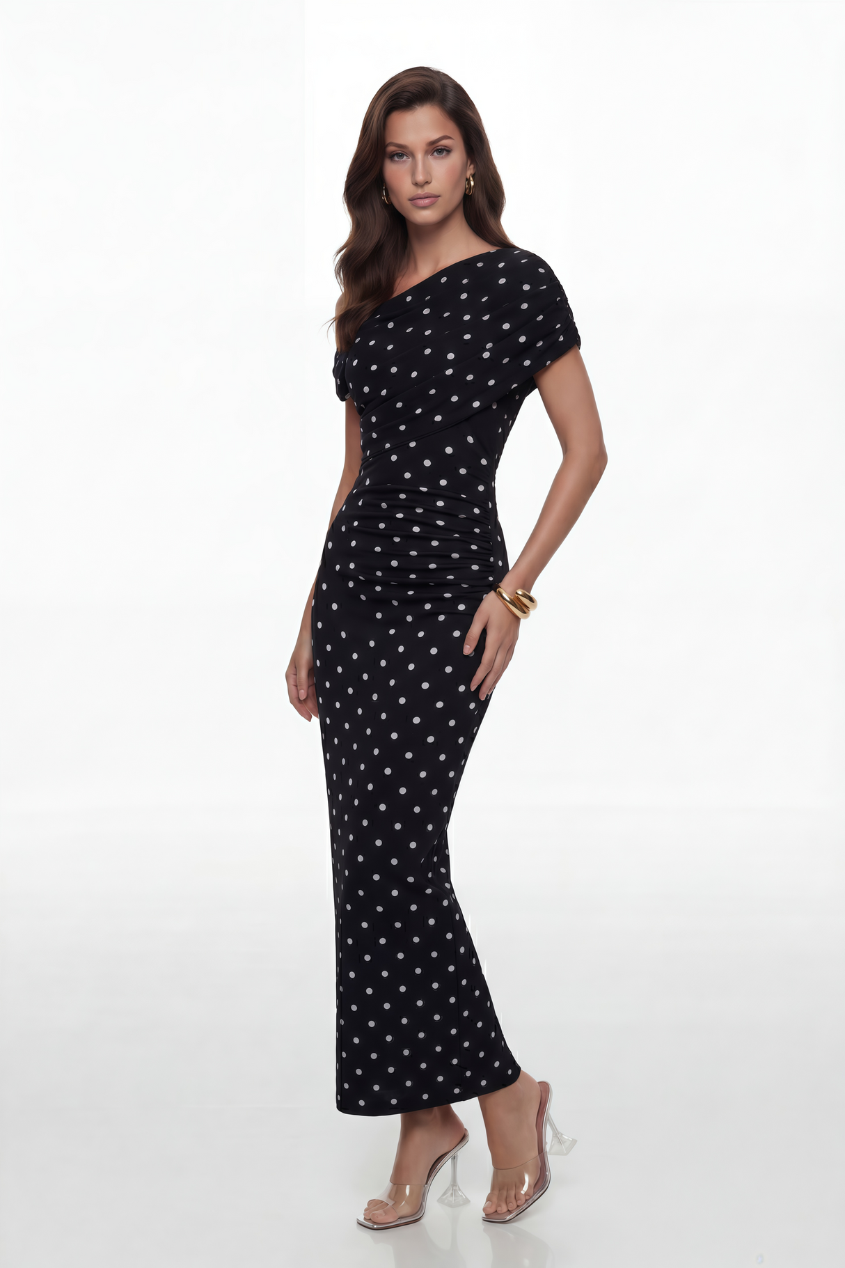 Aurohaya Maya One Shoulder Polka Dot Maxi Dress