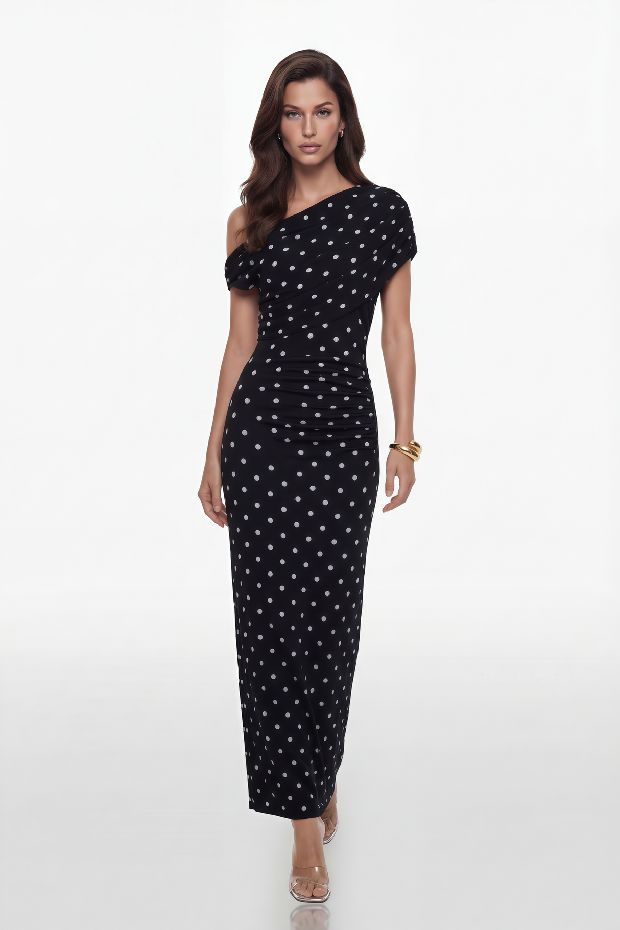 Aurohaya Maya One Shoulder Polka Dot Maxi Dress