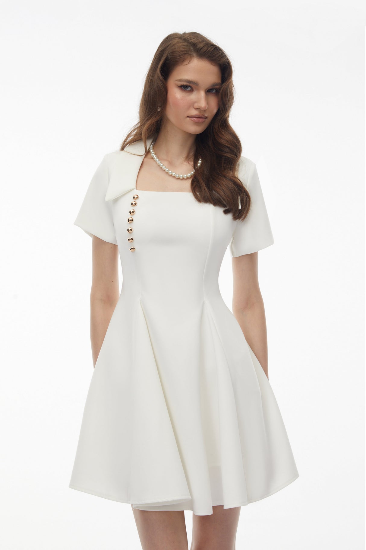 Aurohaya Meira White Metal buckle Mini Dress