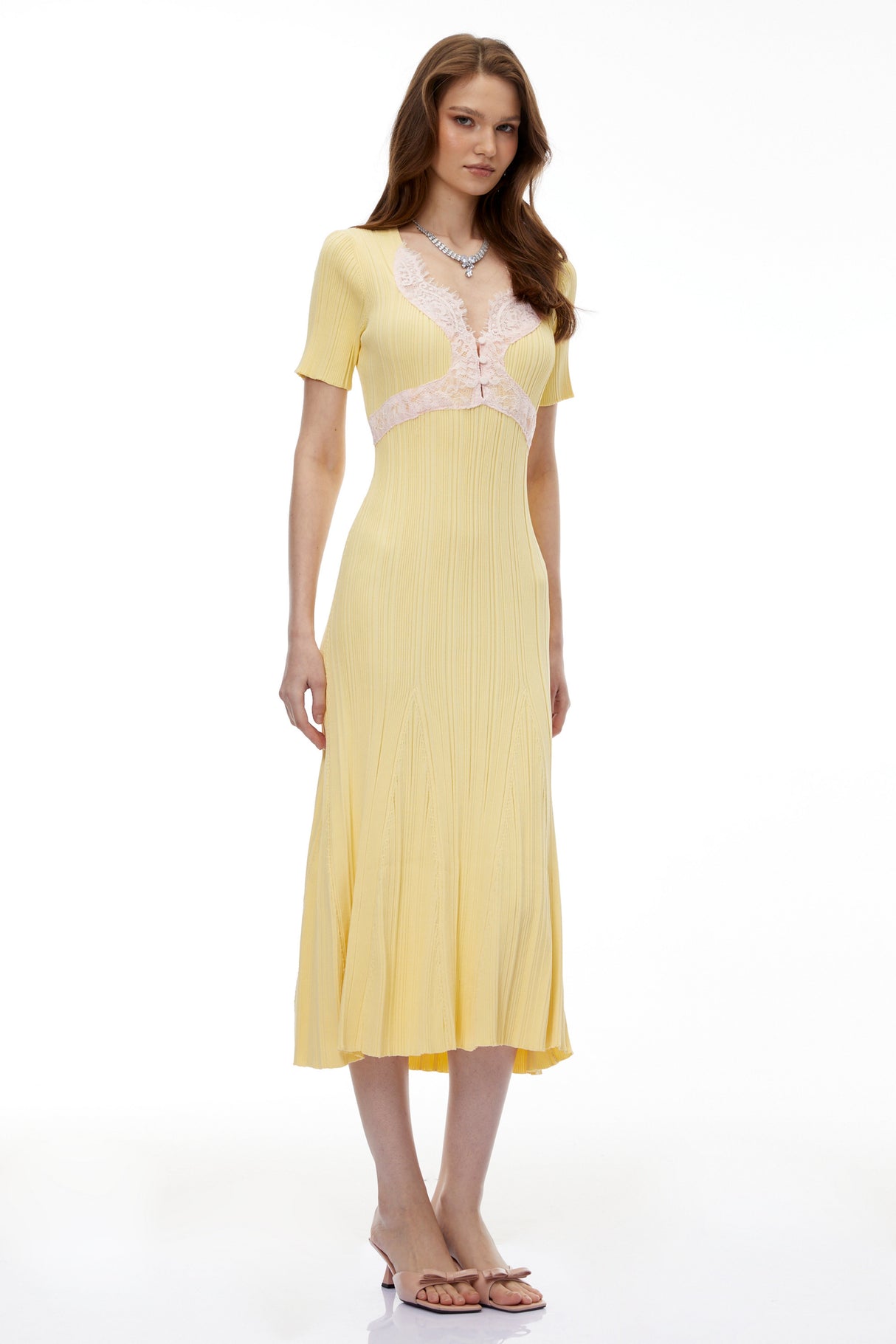 Aurohaya Meleager Yellow Plunge Neck Lace Midi Dress