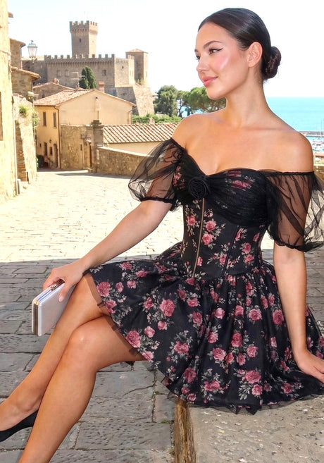 Mesh Bardot Floral A Line Dress Black