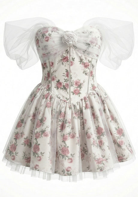 Mesh Bardot Floral A Line Dress White