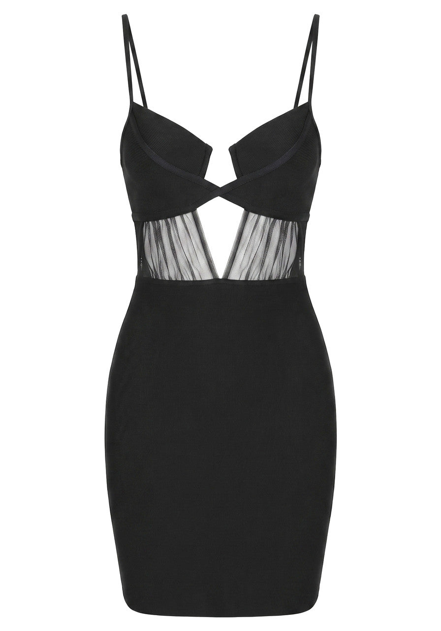 Draped Mesh Insert Dress Black