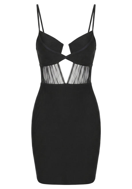 Draped Mesh Insert Dress Black