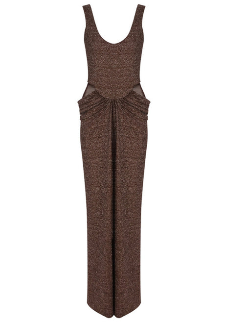 Mesh Insert Sparkly Maxi Dress Brown