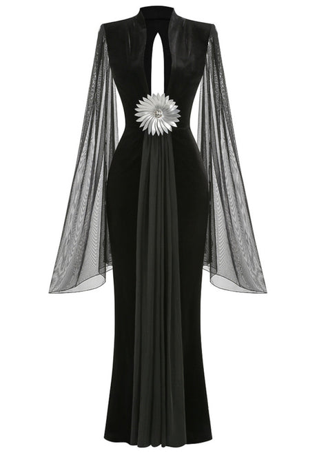 Mesh Sleeves Maxi Velvet Dress Black