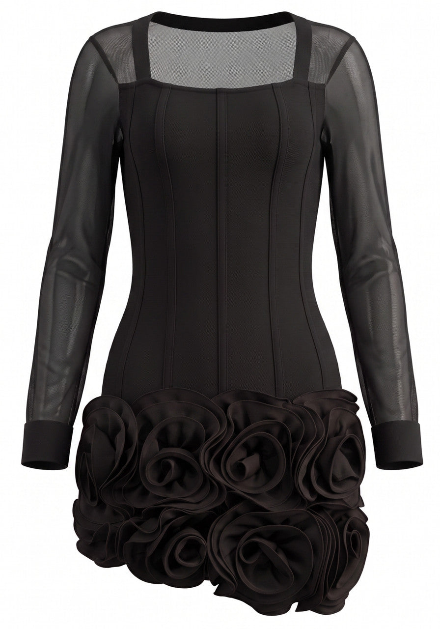 Mesh Long Sleeve Structured Floral Dress Black
