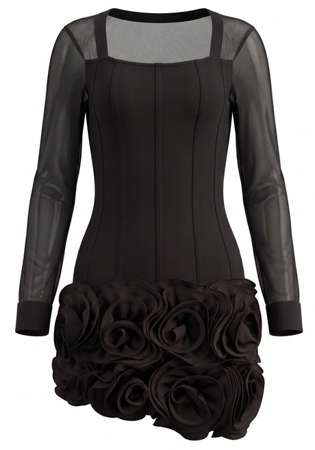 Mesh Long Sleeve Structured Floral Dress Black
