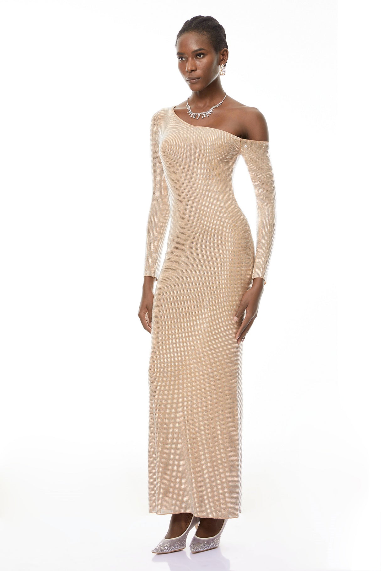 Aurohaya Michèle Champagne Rhinestone Maxi Dress