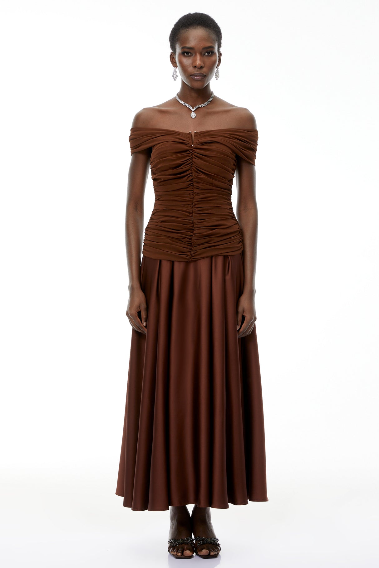 Aurohaya Milla Chocolate Brown Off Shoulder Maxi Dress