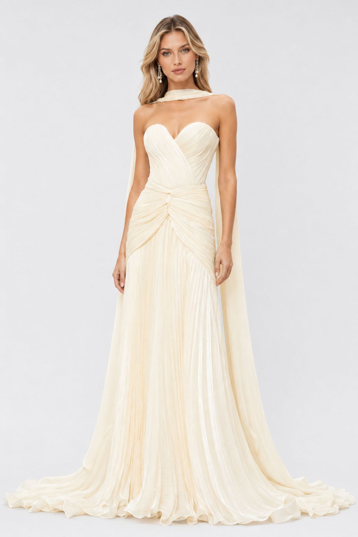 Mina Strapless Sweetheart Ruched Maxi Dress / Champagne