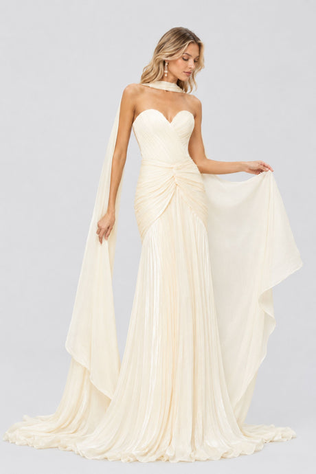 Mina Strapless Sweetheart Ruched Maxi Dress / Champagne