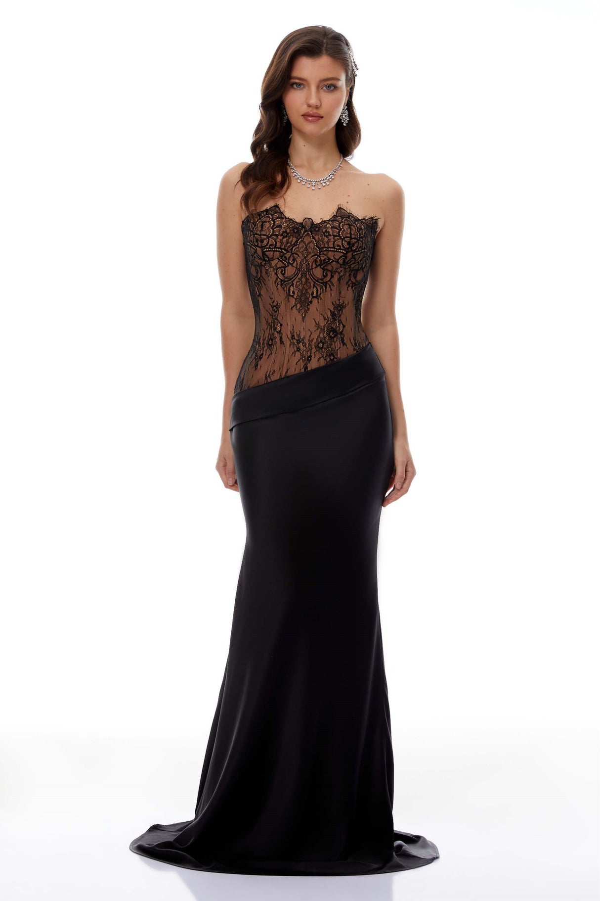 Aurohaya Mirela Black Lace Panel Satin Maxi Dress