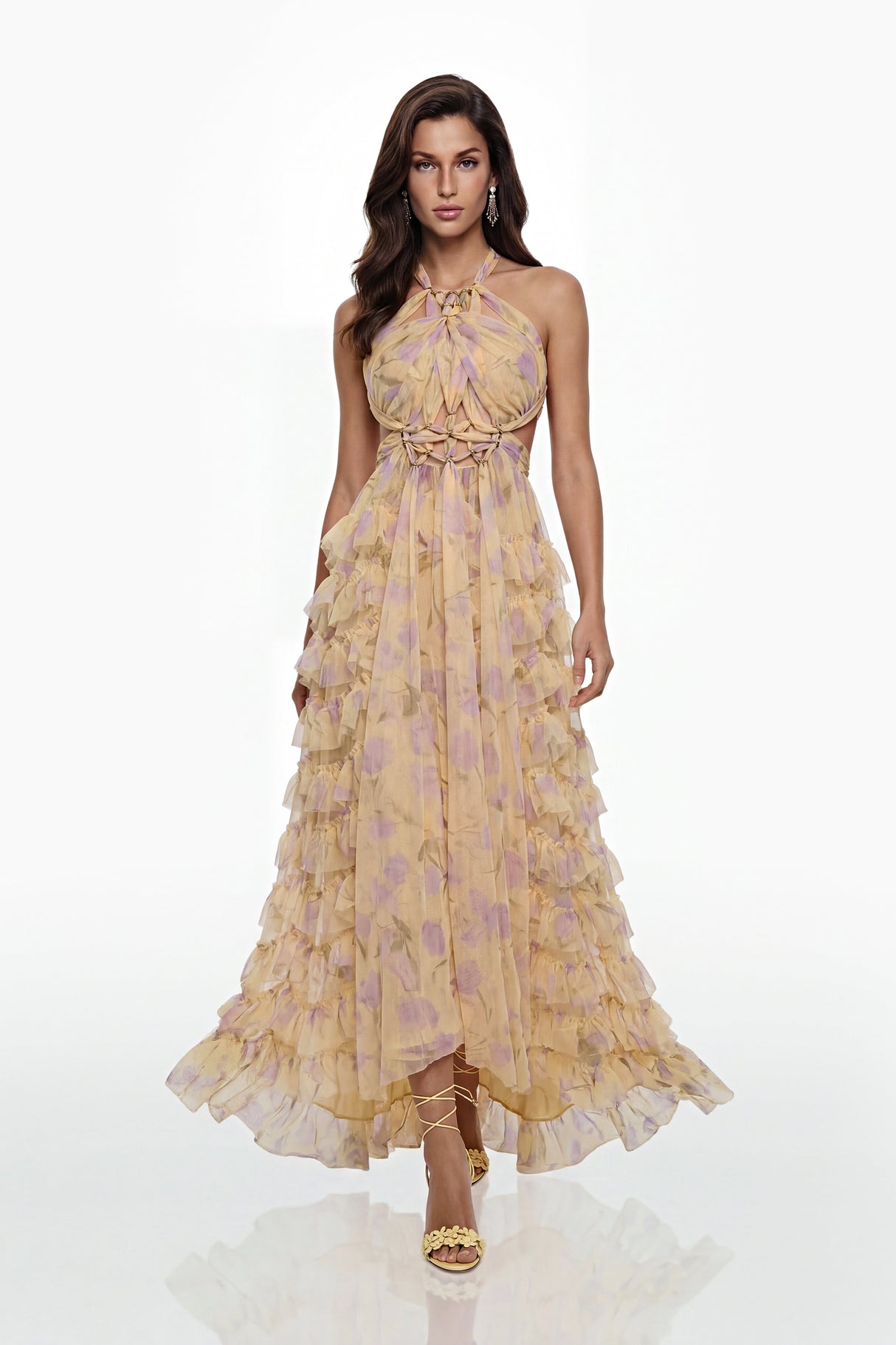 Aurohaya Molly Cream Cross Front Tiered Maxi Dress