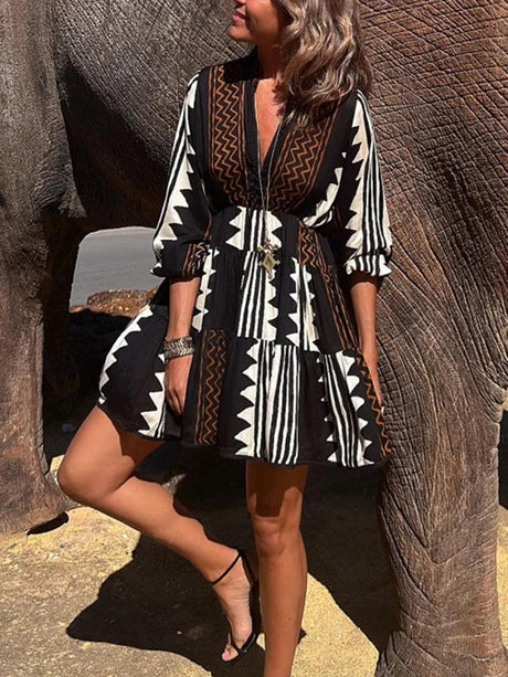 Aurohaya Ethnic Print Elastic Waist Babydoll Mini Dress