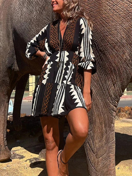 Aurohaya Ethnic Print Elastic Waist Babydoll Mini Dress