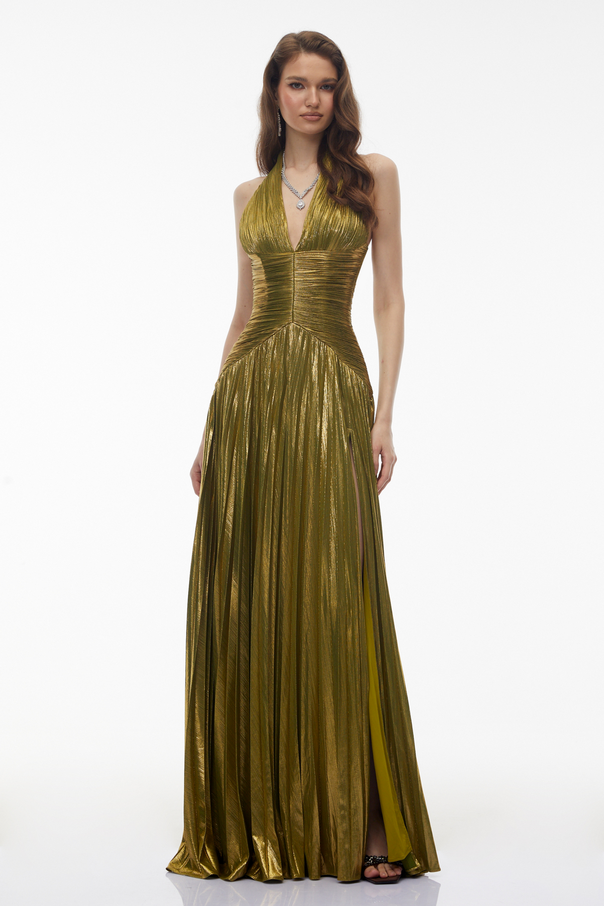 Aurohaya Nadya Olive Green Halterneck Ruched Maxi Dress
