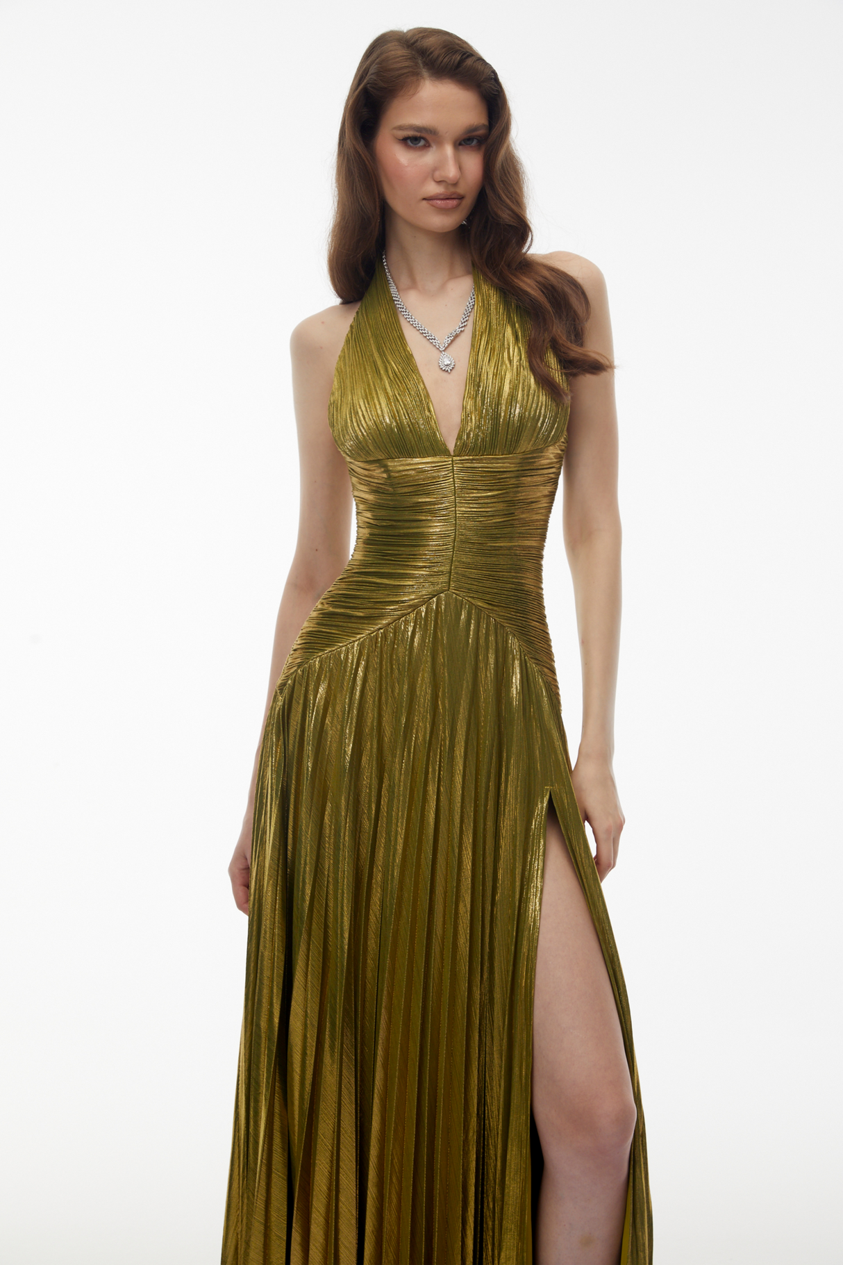 Aurohaya Nadya Olive Green Halterneck Ruched Maxi Dress
