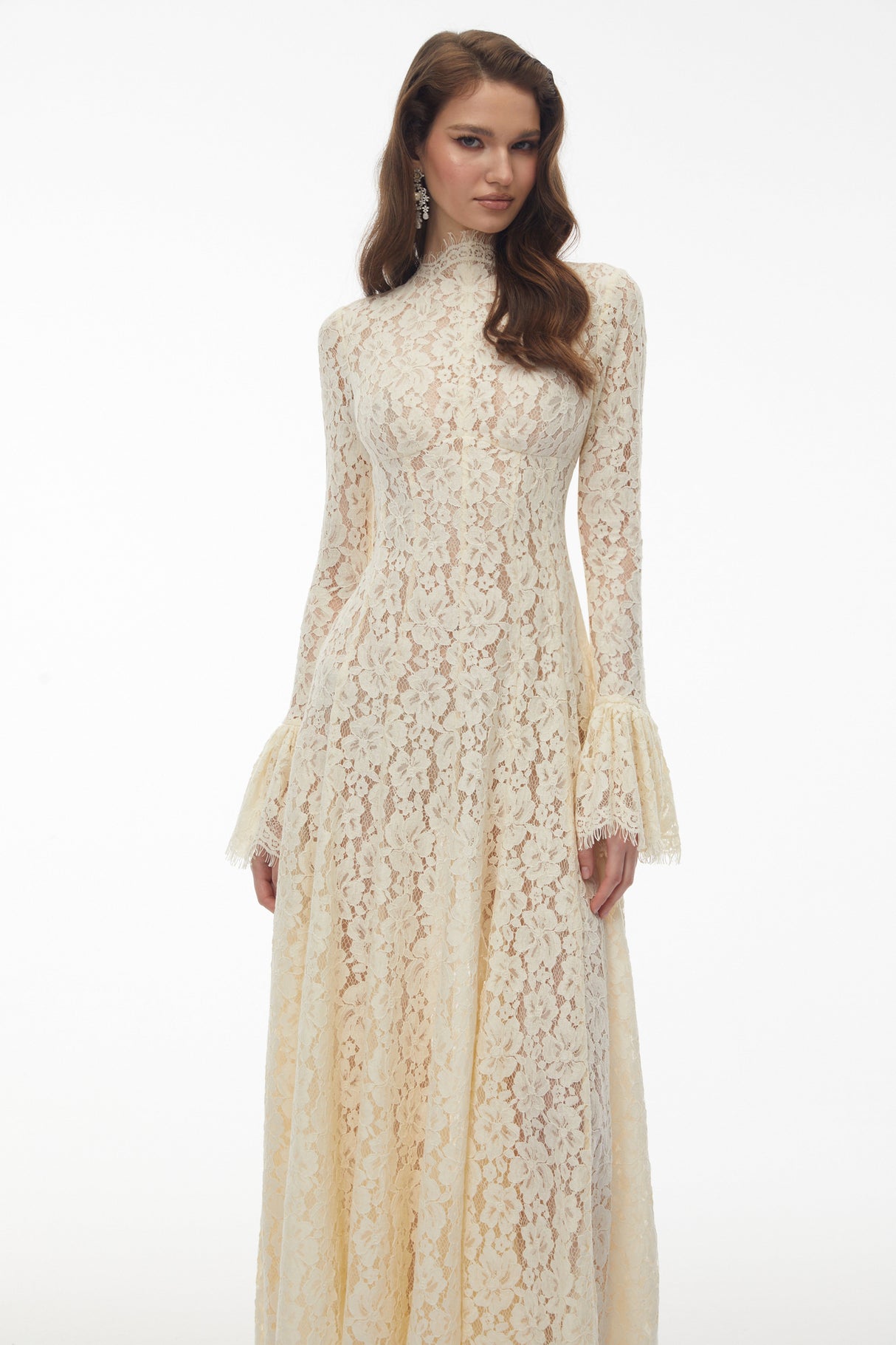 Aurohaya Nasrin White Mock Neck Floral Lace Maxi Dress