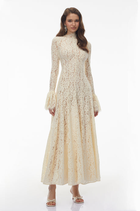 Aurohaya Nasrin White Mock Neck Floral Lace Maxi Dress