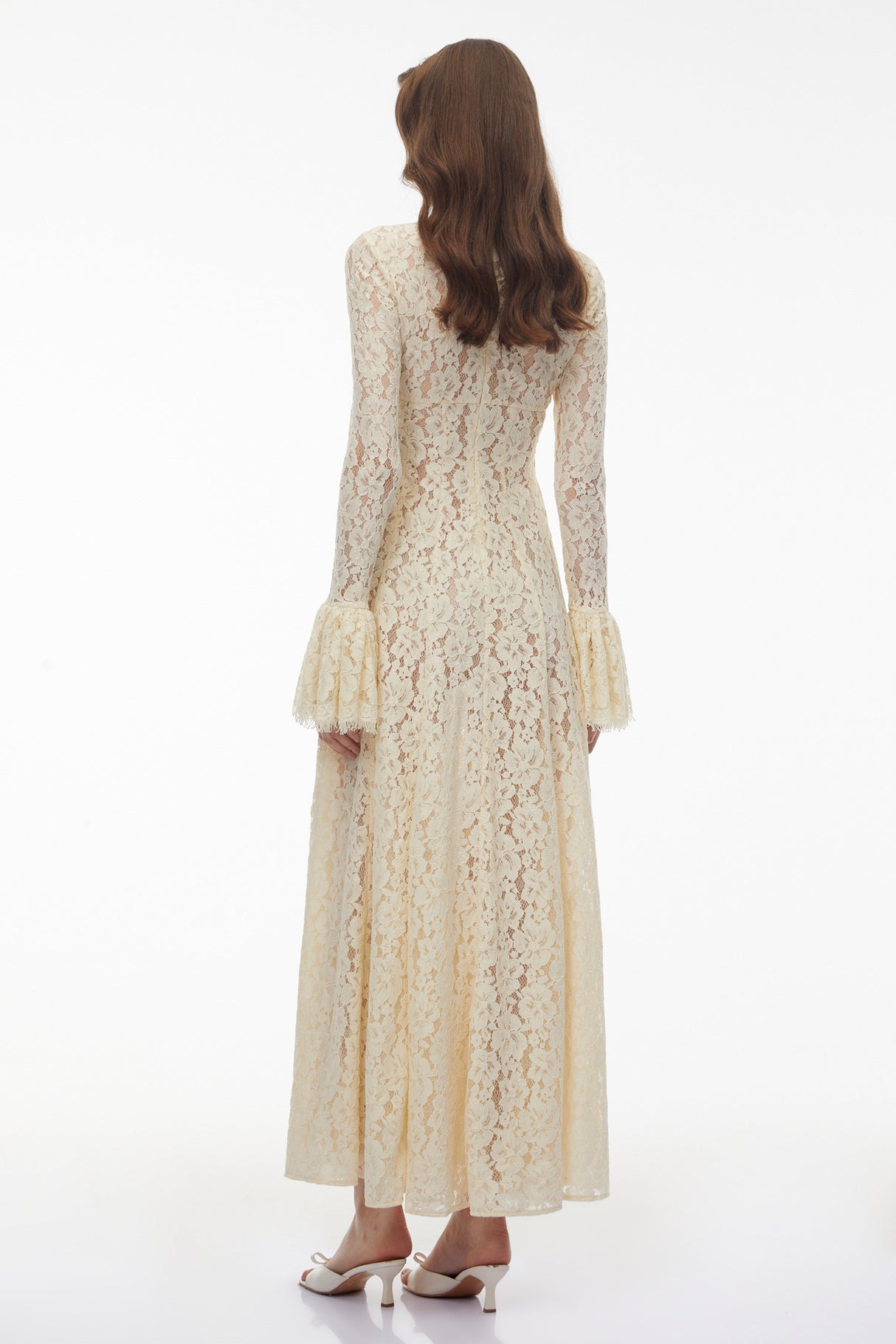 Aurohaya Nasrin White Mock Neck Floral Lace Maxi Dress